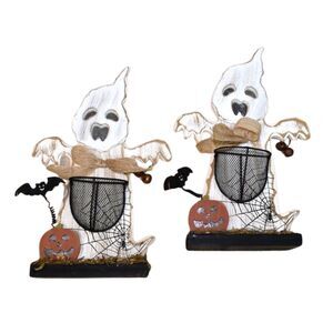 Halloween Wood Ghost Pumpkin Decorations Set of 2